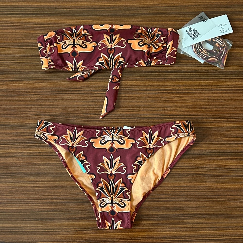 H&M Lotus Print Bikini Swim Suit Burgundy, Gold & Peach